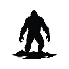 Silhouette of a Mysterious Creature Exploring Swampy Terrain Under Darkness, bigfoot standing rocky terrain silhouette vector illustration