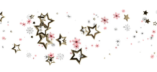 Elegant and festive Christmas background featuring golden stars and delicate snowflakes scattered on a bright white backdrop. Ideal for holiday