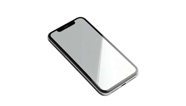 Angled view of a smartphone with a bright screen, isolated on black