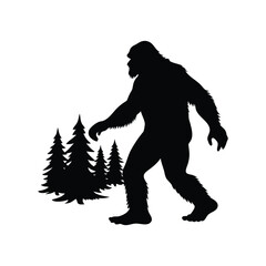 Silhouette of Bigfoot Walking Through Forest Clearing on White Background Illustration, bigfoot walking through forest silhouette vector illustration