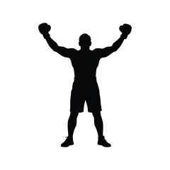Silhouette of a triumphant boxer with his arms raised in victory, boxer celebrating victory silhouette vector illustration