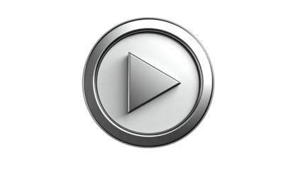 Shiny silver play button icon, centered on a white circle, against a black background