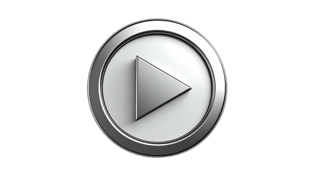 Shiny silver play button icon, centered on a white circle, against a black background