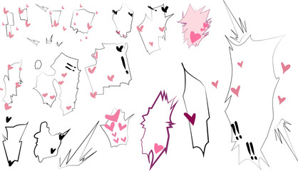 Collection of hand-drawn manga elements featuring hearts and dynamic shapes, ideal for designs