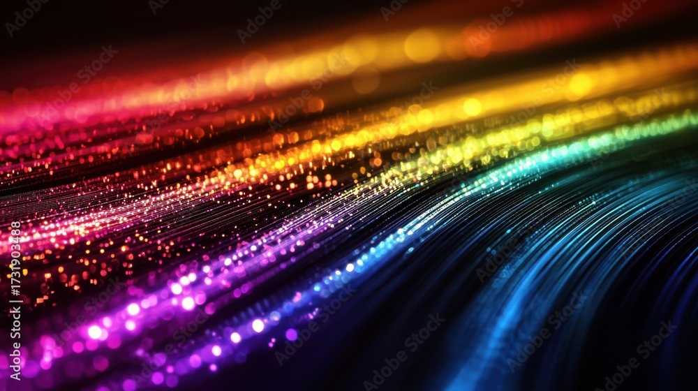 Wall mural laser interference bands creating vibrant rainbow spectrum with flowing curved light patterns and op