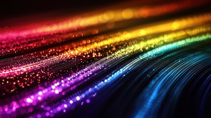 Laser interference bands creating vibrant rainbow spectrum with flowing curved light patterns and optical diffraction effects on dark background surface