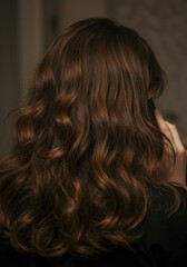 Fototapeta premium Woman with long wavy brown hair seen from behind indoor portrait potential commercial stock photo