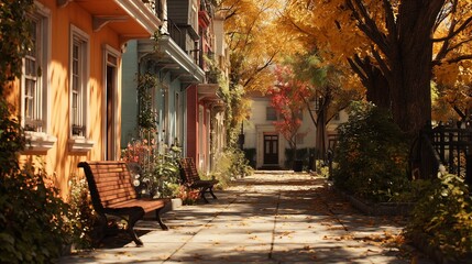 Fototapeta premium Colorful houses with vibrant facades line the street while benches sit beneath the autumn trees. The benches and houses are framed by abundant foliage from the autumn trees.
