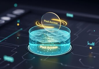 Decentralized Liquidity Pool Access Concept: Futuristic Glass Container Filled with Glowing Blue Digital Water Representing an Asset Pool with a Floating 'Pool Access' Token.