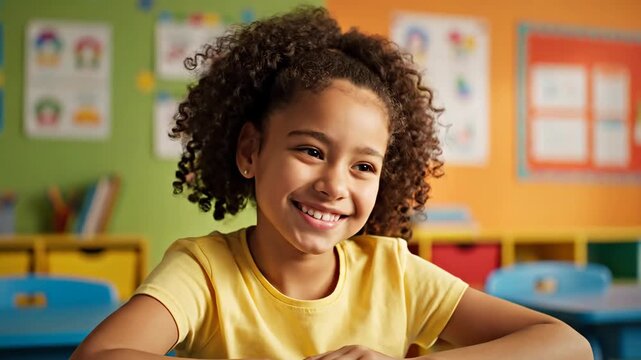 Girl Laughing at Desk in Elementary School Classroom During Daytime