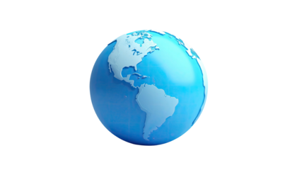 A glossy, 3D rendering of the Earth, showing continents on a black background