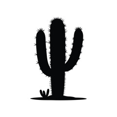 Black Silhouette of a Large Cactus with Prickles and Small Plants at Base, cactus shadow silhouette vector illustration