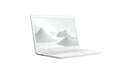 A modern, white laptop is angled with a mountain range wallpaper