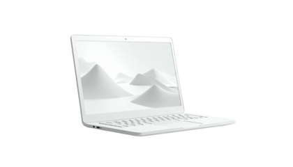 A modern, white laptop is angled with a mountain range wallpaper