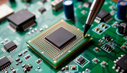 Macro view of microprocessor chip on circuit board, technological innovation
