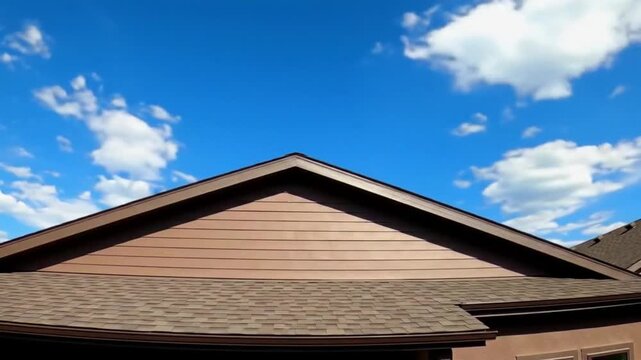 View of a brown roof against a bright blue sky with scattered white clouds.