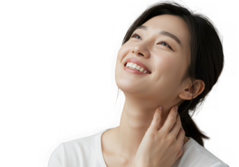 A smiling young woman looking up isolated on transparent background with ponytail