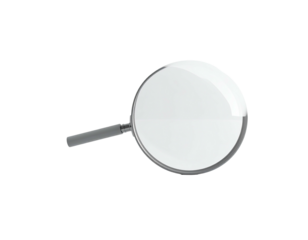 A shiny magnifying glass with a grey handle, lens reflecting light against a black backdrop