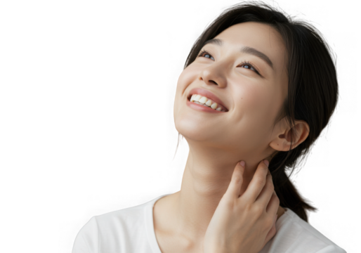 A smiling young woman looking up isolated on transparent background with ponytail
