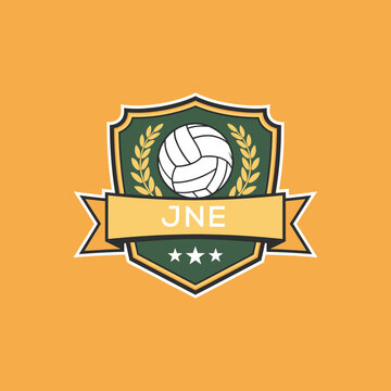 JNE Volleyball Logo Design JNE Modern Sports Shield Emblem with Ball, Laurel and Ribbon for Volleyball Club, JNE Tournament and Team Branding
