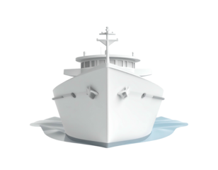 Front view of a stylized, all-white cruise ship breaking through icy water