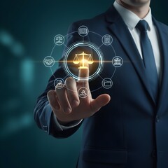 Conceptual image of legal technology or digital law services, illustrating a virtual ecosystem for managing compliance, contracts, litigation, and legal advice.