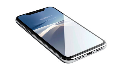 Modern silver smartphone with a bright screen displaying a landscape, isolated on black