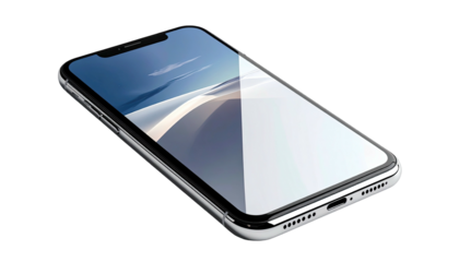 Modern silver smartphone with a bright screen displaying a landscape, isolated on black