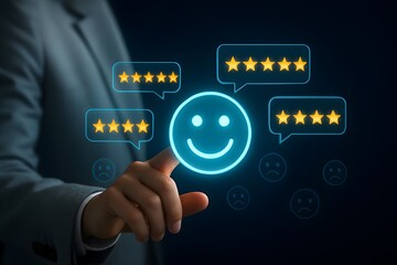 A business person is touching a glowing happy face icon in a digital interface, surrounded by speech bubbles containing five-star ratings, symbolizing excellent customer satisfaction or service feedba