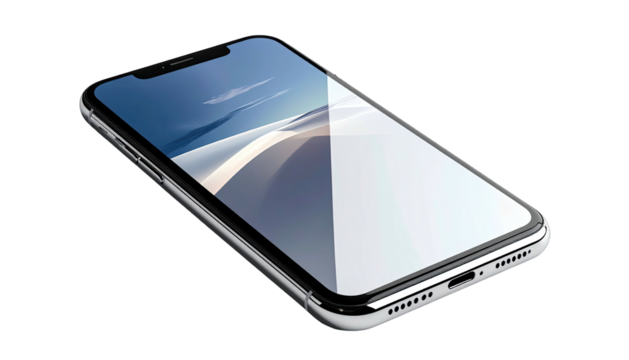 Modern silver smartphone with a bright screen displaying a landscape, isolated on black