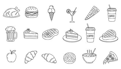 Vector art of collection of handdrawn food and drink icons, including a roasted chicken, hamburger, ice cream, cocktail, coffee, beer, cake, steak, and pizza