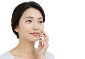 Asian woman touching her face isolated on transparent background with a gentle smile