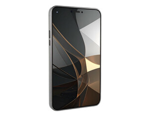 A sleek, metallic-framed device with abstract digital art on the screen