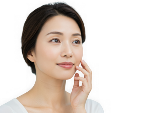 Asian woman touching her face isolated on transparent background with a gentle smile