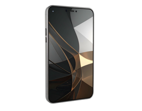 A sleek, metallic-framed device with abstract digital art on the screen - Powered by Adobe