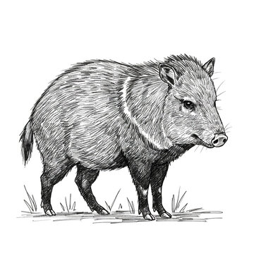Detailed Black and White Sketch of a Collared Peccary or Javelina Standing, Wild Pig Illustration
