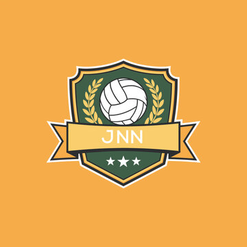 JNN Volleyball Logo Design JNN Modern Sports Shield Emblem with Ball, Laurel and Ribbon for Volleyball Club, JNN Tournament and Team Branding
