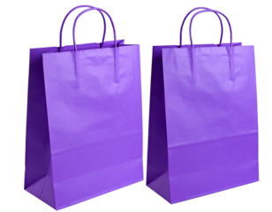 Two identical, vibrant purple paper shopping bags, with handles