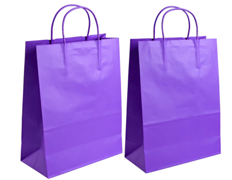 Two identical, vibrant purple paper shopping bags, with handles