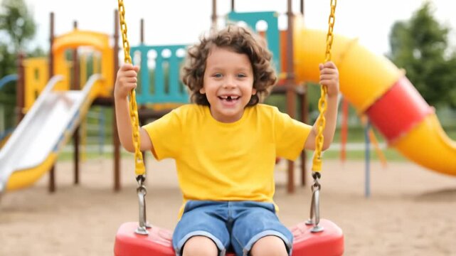 Boy Swings and Smiles at Playground During the Day, Showing Missing Teeth and Expressing Joy