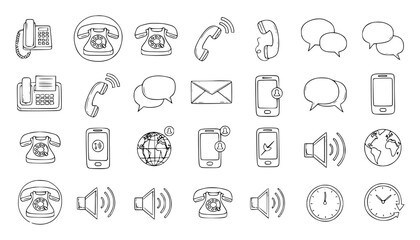 Vector art of collection of communication icons including telephones, smartphones, speech bubbles, email, fax, speaker, clock, and globe
