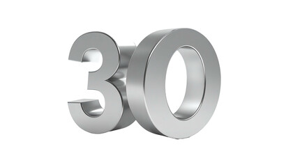 Shiny silver three-dimensional number "30" rendered against a black background