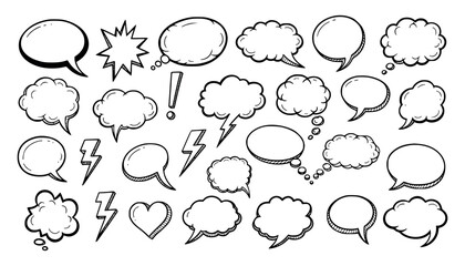 Vector art of collection of handdrawn speech bubbles and thought clouds, representing communication and ideas