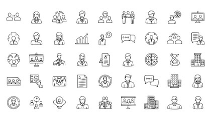 Vector art of collection of business and office icons, representing various aspects of work, communication, and strategy