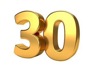 Gleaming 3D golden numeral "30" on a transparent background