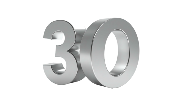 Shiny silver three-dimensional number "30" rendered against a black background
