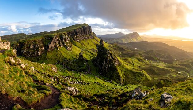 Panoramic sunset view of rugged highlands