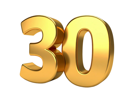 Gleaming 3D golden numeral "30" on a transparent background