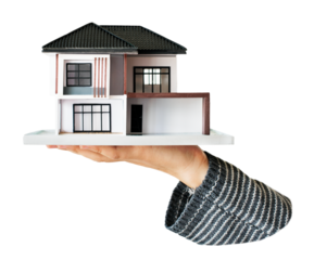 Hand png presenting house sticker, real estate cut out, transparent background