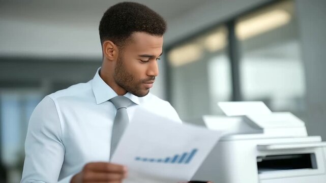 male accountant comparing monthly revenue sheets upward arrow sticker on top faint rustle of paper quiet printer hum planning and control three quarter wide angle cinematic color